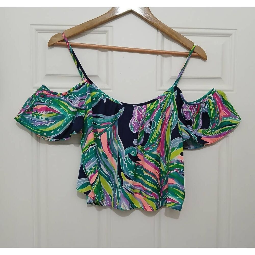 Lilly pulitzer womens small off shoulder cropped top blue green Shirt Batwing